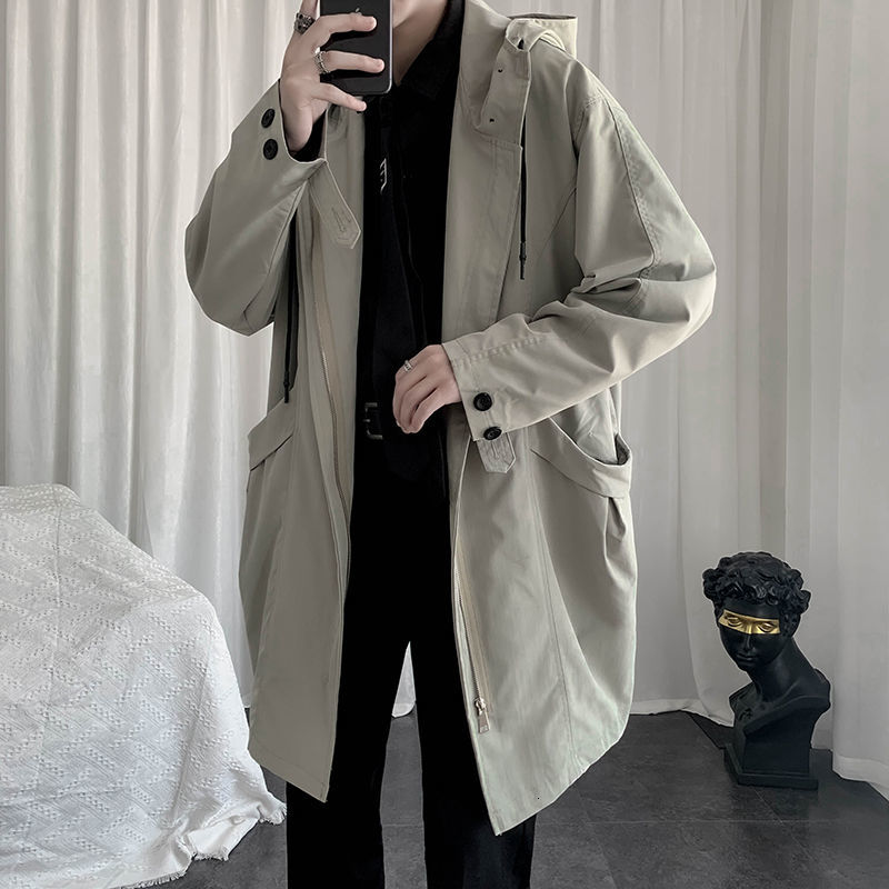 

2021 New Autumn Korean Style Hooded Trench Men's Fashion Casual Long Coat Men Streetwear Wild Loose Windbreaker Jacket Mens Overcoat Eqfo, Black