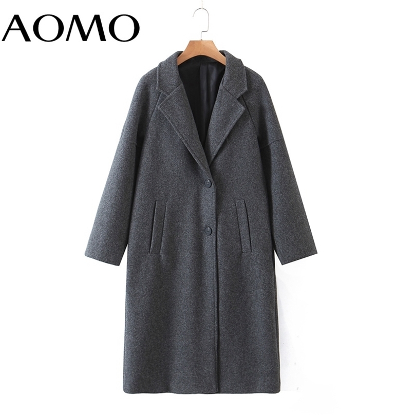 

AOMO Women Winter Gray Thick Woolen Coats With Button Loose Long Sleeves Pocket Ladies Elegant OverCoat 2Z18A 211019