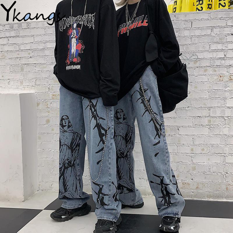 

Printing Gothic Hip Hop Loose Straight Wide Leg Jeans Women Pockets Vintage Korean Style Harajuku High Waist Denim Streetwear 210312, Blue no chain