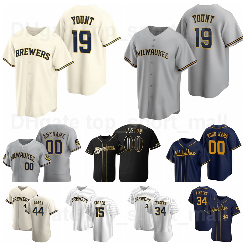 

Baseball 19 Robin Yount Jersey 4 Paul Molitor 34 Rollie Fingers 44 Hank Aaron 15 Cecil Cooper Color Navy Blue Grey White Beige, Blue;black