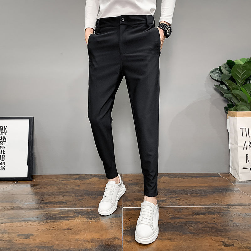 

2021 New Pantalon Homme Korean Office Fashion Solid Pants Slim Fit Casual Streetwear Suit Pant Long Trousers Men Clothing Jvs7, Gray