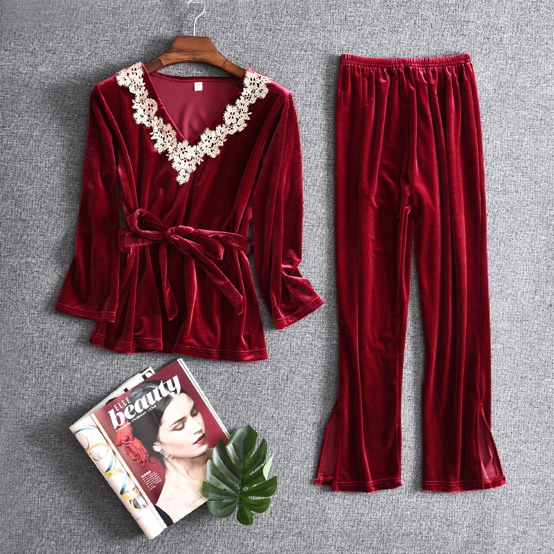 

Female 2pcs Boot Pajamas Sexy V-neck Suit Up & Beep Nightwear Sweet Home Competition End Winter Dress Belt Bjbo, Navy blue