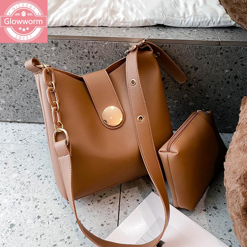 

Casual Solid Color Bucket Crossbody Bags For Women 2021 Chain Women Messenger Bag 2 Pcs/Set Female Shoulder Bag Women's Handbags, Black