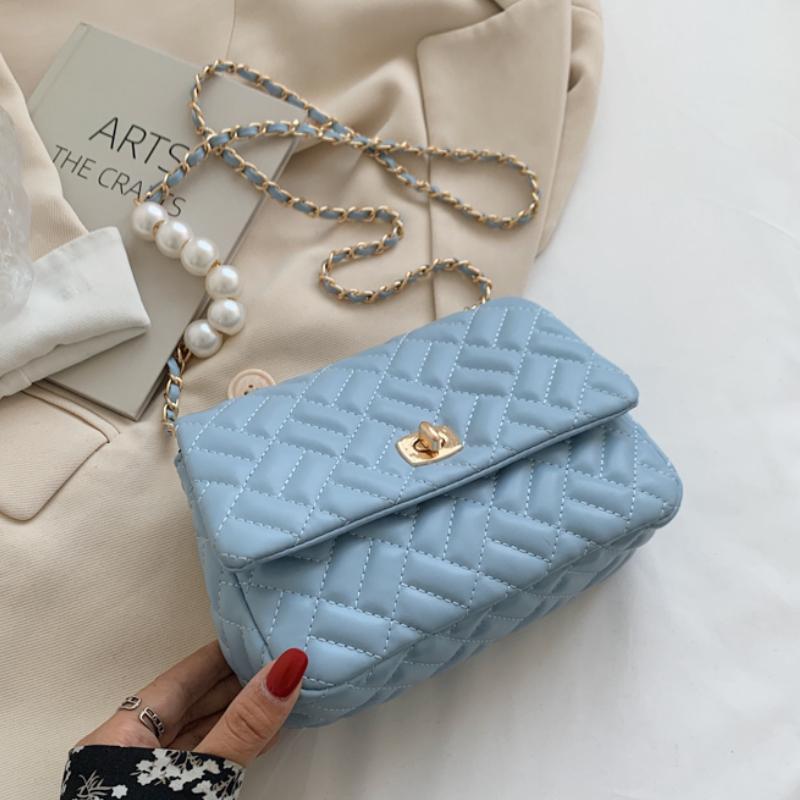 

Shoulder Bags Quilted Pearl Chain PU Leather Solid Color Crossbody For Women 2021 Fashion Small Bag Female Handbags And Purses, Black
