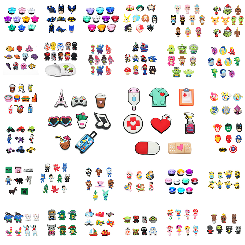 

FeDex/DHL 1000Pcs cartoon character PVC Rubber Shoe Charms Shoes Accessories clog Jibz fit for Wristband Croc buttons Decorations as Gift, White;pink
