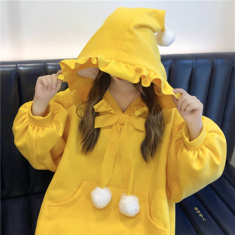 

2021 New Deeptown Kawaii Moletom Inverno Mais Veludo Moda Feminino Manga Longa Bonito Pulver Plus Size Quente Solto Hoodies 77re, Yellow