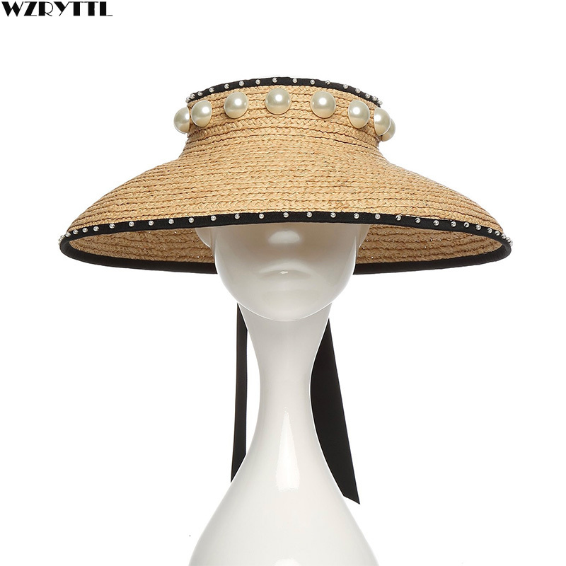 

2021 New Handmade Women Ultrabraid with Ribbon Binding Peals Raffia Straw Visor Big Brim Sun Summer Beach Hat Travel Cap 431r, White