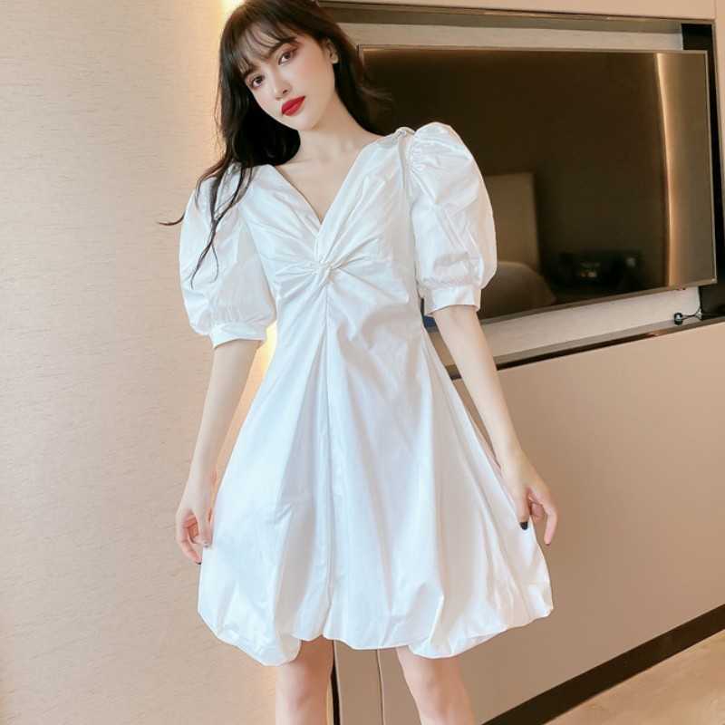 

Summer Women Sweet Bowknot Puff sleeve Mini Dress Vintage V-Neck Casual Ball Gown Dresses For Party Vestidos 210526, Photo color