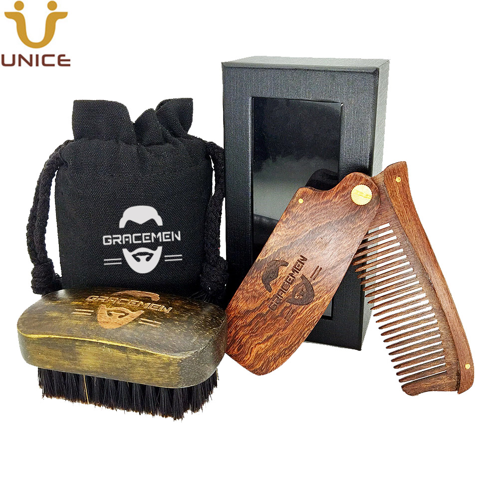 

MOQ 100 Sets OEM ODM Custom LOGO Retro Beard Set with Premium Sandalwood Wooden Foldable Comb & Mini Beards Brush and Customized Bag Box
