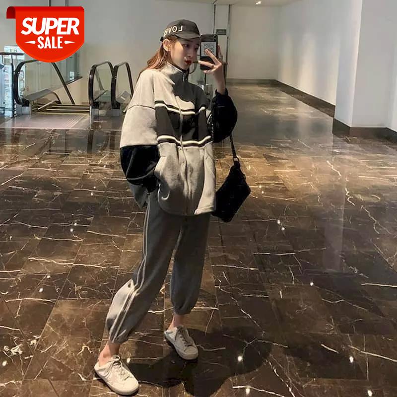 

Autumn Women Jackets And Harem Pants Two Pieces Set Casual Streetwear Women Outfits Preppy Style Tops Striped Pants Suits #Cb2p, Black;white