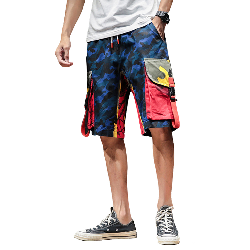 

New 2021 Fashion Cargo Hip Hop Men Shorts Summer Streetwear Camouflage Tape Imprint Cord Pockets at Knee Height Short Runners Axtp, Pink camouflage.