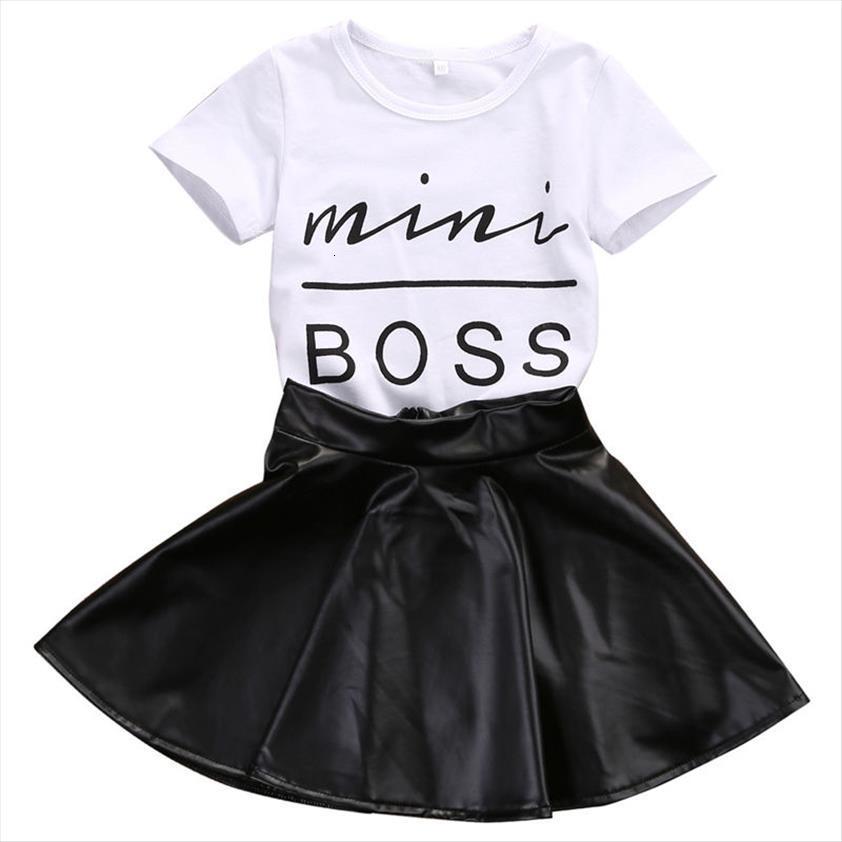 2pcs Girls Kids Summer Mini Boss Letter White T Shirt Black Leather Skirts Set Party Casual Outfits-image-716724380