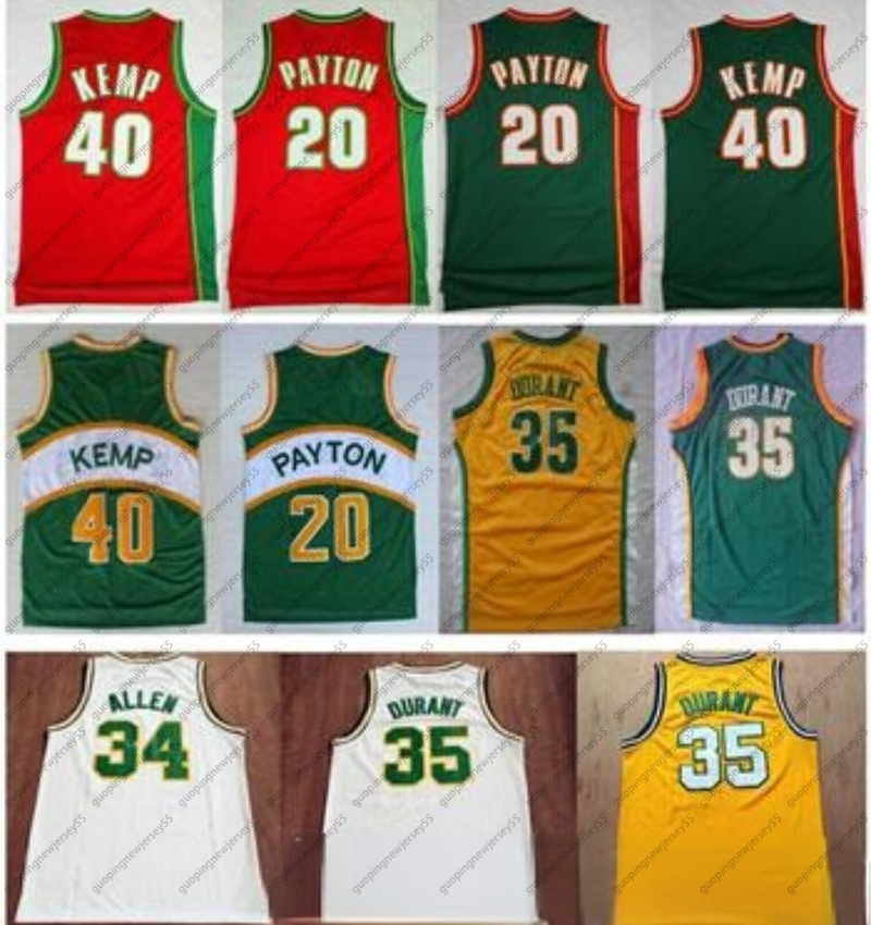 

High-Quality Vintage Green Red Yellow White Kevin 35# Durant Jersey Shawn 40# Kemp Jerseys Cheap Gary 20# Payton Jersey Stitched Size S, Black