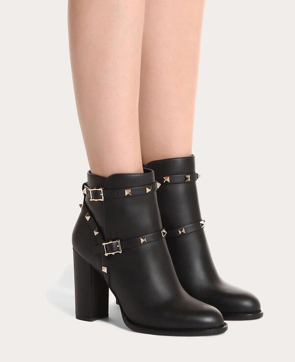 

[Original Box] Elegant Brand Sexy Women's Rock Stud Ankle Boot Black Genuine Leather Bottes Top quality Boots Lady Classic Booties EU35-43