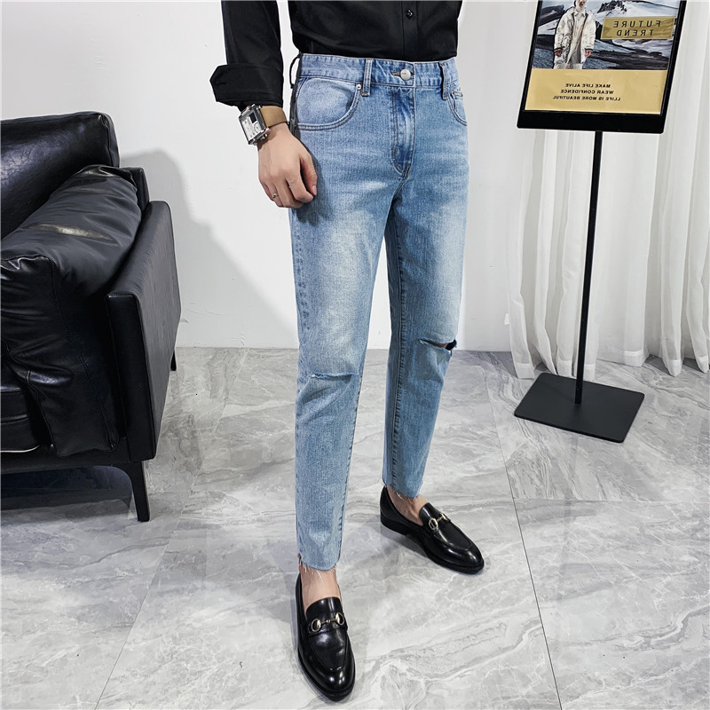 

2021 New High Quality All Games at Knee Height Ny Holes Torn Men's Korean Clothes Thin Casual Fit Blue Jeans Light Hot Selling Epus, Light blue.