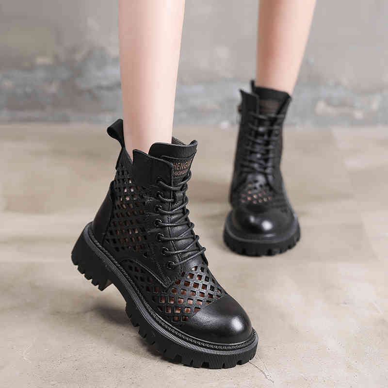 

boots hollow martin women summer woman heel leather platform shoes heels fashion designer ankle boot female 0z8j, Black