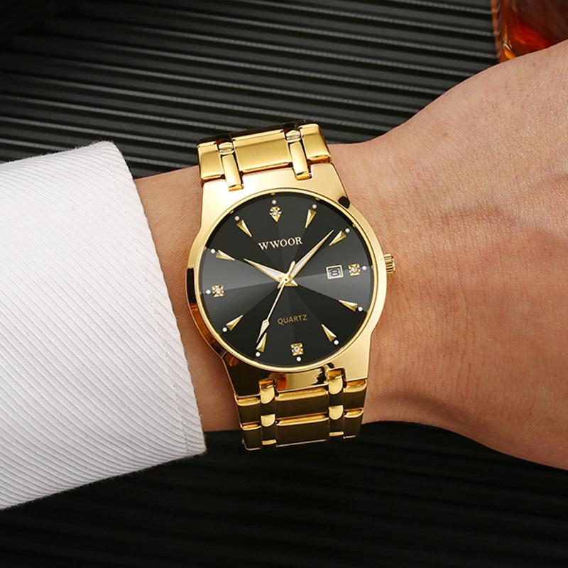 

Wristwatches WWOOR Top Business Gold Stainless Steel Men Watch Fashion Quartz Calendar Waterproof Relogio Masculino, Black gold black