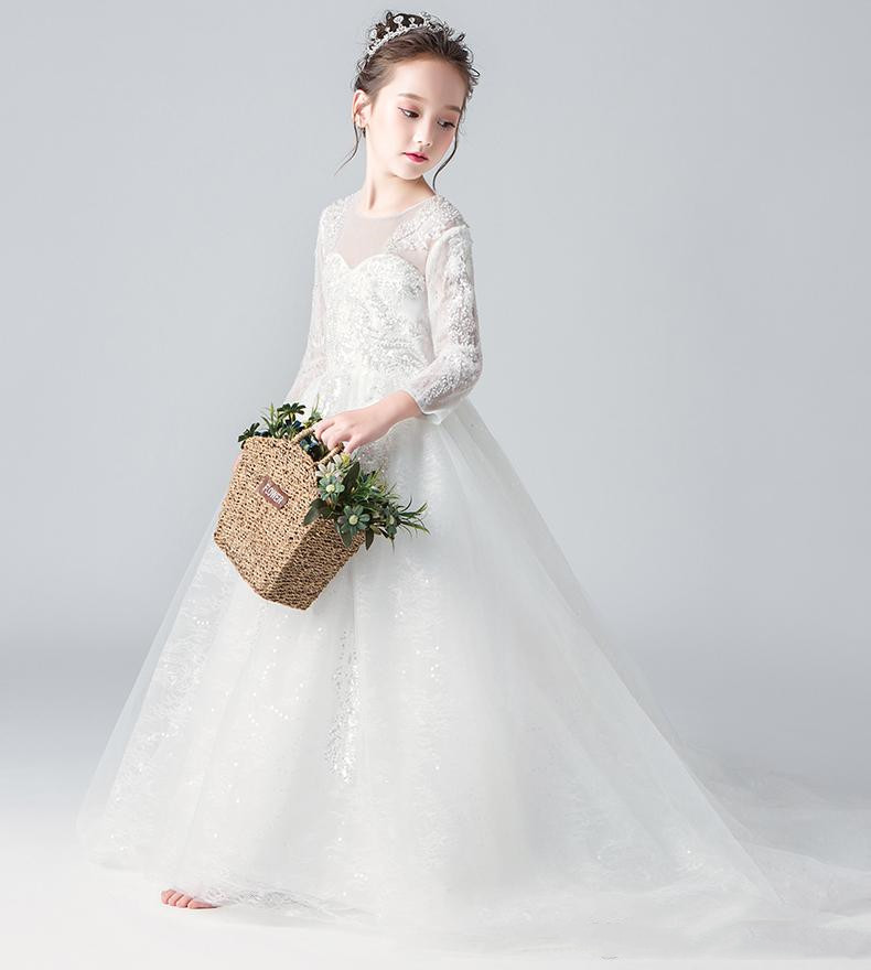 

Beauty White Jewel Sleeves Applique Girl's Pageant Flower Girl Dresses Princess Party Child Skirt Custom
