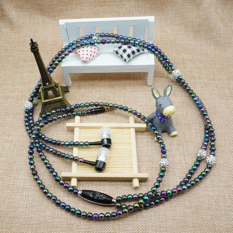 

3.5mm In ear StereoHeadphone Headset Super Bass Music Earphone Earbuds Ladies In-ear Pearl Necklace Headphones High Quality Head, Black