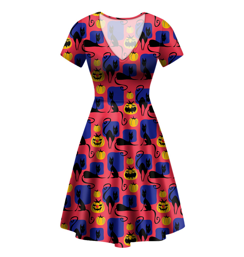 

2021 New Halloween Printed Cat Pumpkin Short Sleeve V-Neck Dress A-line Skirt, Black;gray