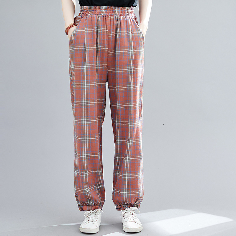 

2021 New Summer of the Women Casual High-waisted Clothes Loose Lanyard Ethnic Vintage Black-white Fashion Check Harem Pants 11jy, Yellow.