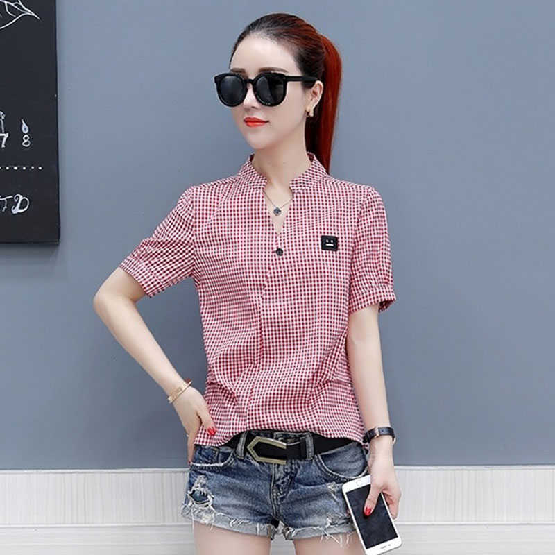 

Design Women Spring Summer Style Chiffon Blouses Shirts Lady Casual Short Sleeve Plaid Blusas Tops DF1919 210609, Red
