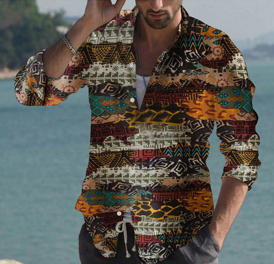 

Funny stitching Hawaiian style men's short-sleeved shirt geometric printing party beach daily casual top lapel, Yellow