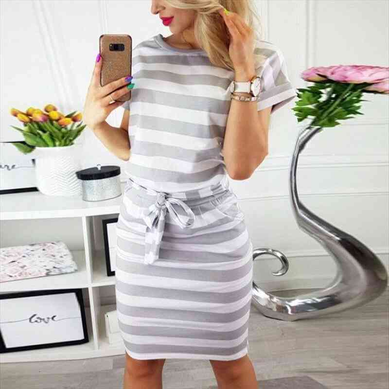 

striped dress for women casual slim fit belted short sleeves crew neck summer sundress, Black;gray