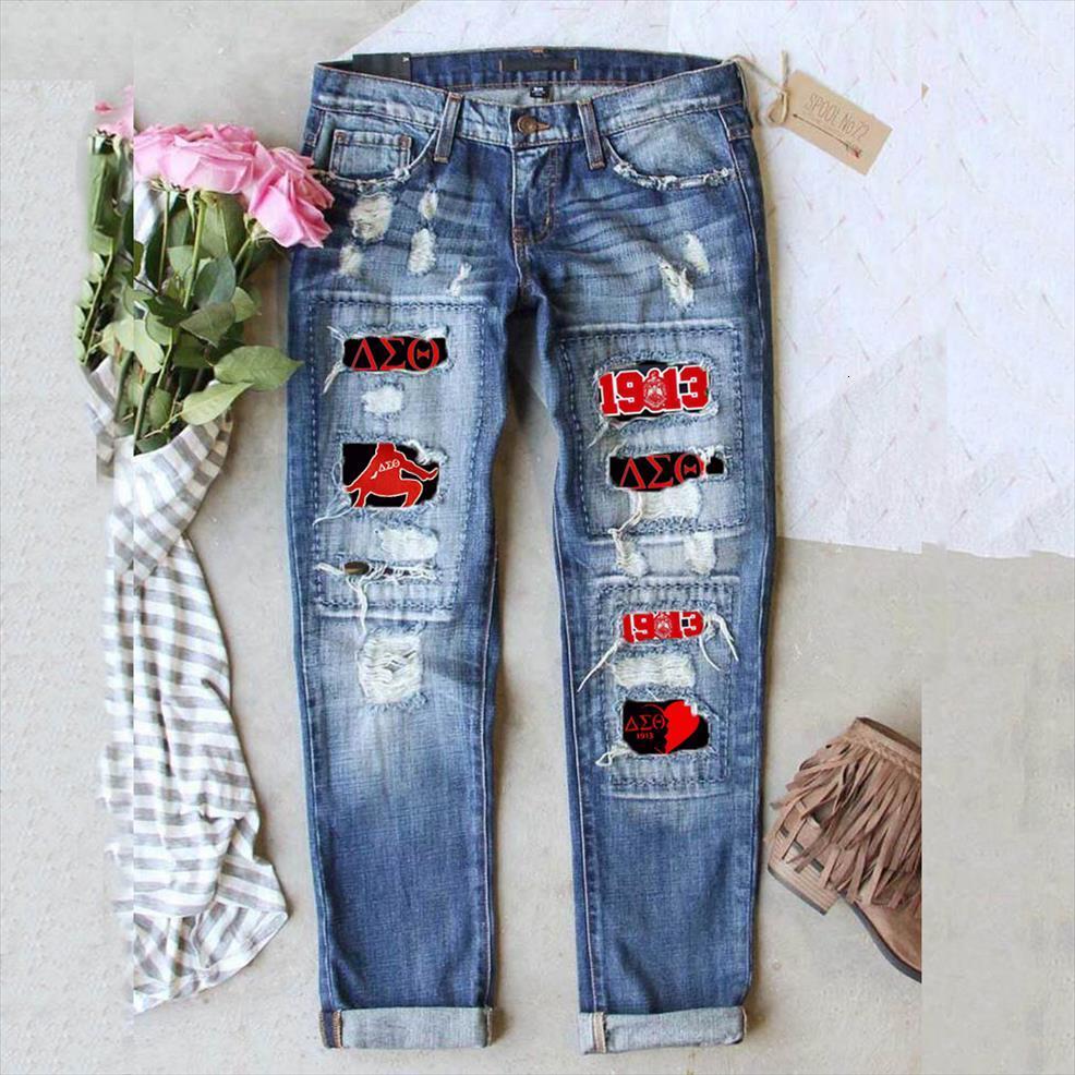 

Delta Sigma Theta Jeans Women Pant Fashion Retro Ripped Print Destroyed Hole Taped Slim Fit Denim High Quality Jean, As picture