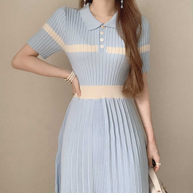 

Vintage Dresses For Women Korea Knitted Sweater Turn Down Collar Short Sleeve Casual Slim Pleated Long Dress Lady Clothes 210526, Photo color