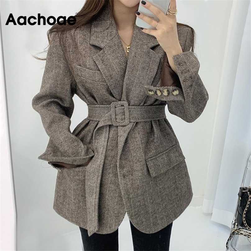 

Aachoae Women Autumn Winter Wool Coats With Belt Casual Turn Down Collar Long Sleeve Pocket Outerwear Female Elegant Office Coat 211019, Coffee