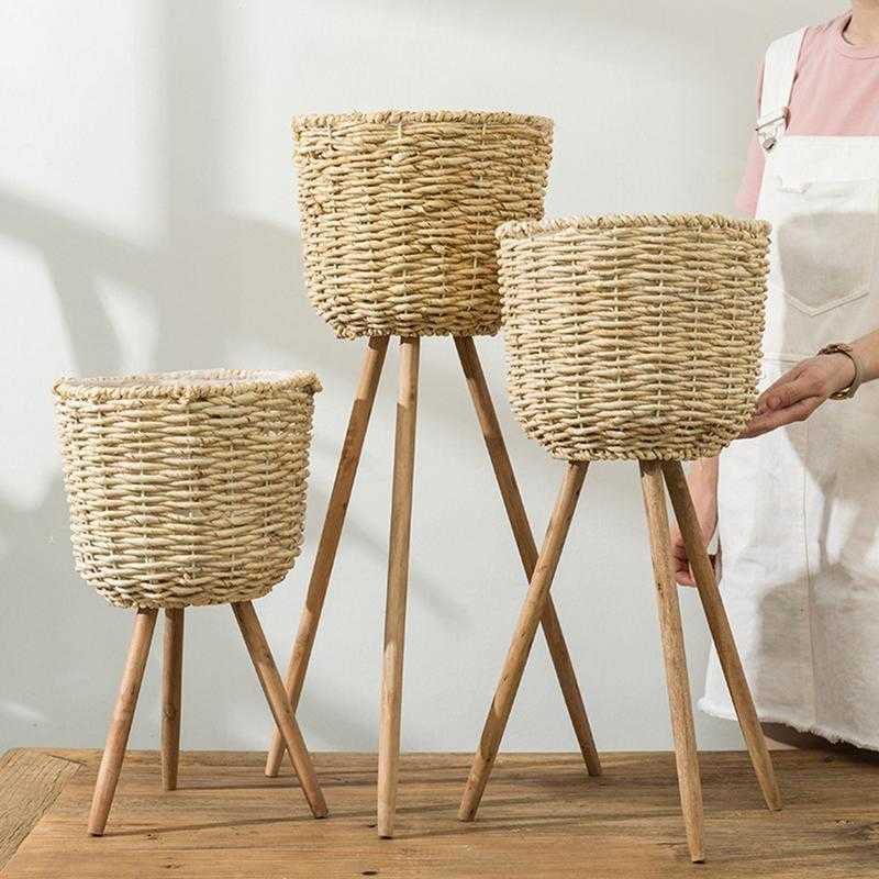 

Floor Vase Plant Stand wickerwork Flower Pot Holder Display Potted Rack Rustic Decor T200104