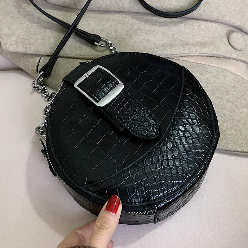 

vintage Stone pattern Round bag 2021 New High Quality PU Leather Women's Designer Handbag Chain Shoulder Messenger Bag, Black
