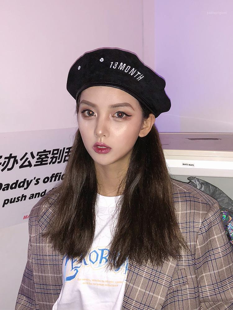 

Embroidered Lettered Beret Female Joker Suede Pumpkin Hat Painter's Berets Caps For Women Womens Hats, Black