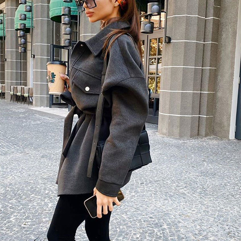

2021 New Woollen Oversized Bat Sleeved Women Blouse Coat Loose Casual Lady Jacket Outwear with Belt Sashes Spring Pockets Korean Style Up2o, As photo