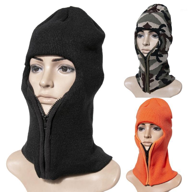 

Berets Men Women Winter Knitted Balaclava Beanie Hat Camouflage Print Zipper Up Ski Face Mask Thick Faux Fleece Lining Thermal P8DB, Black