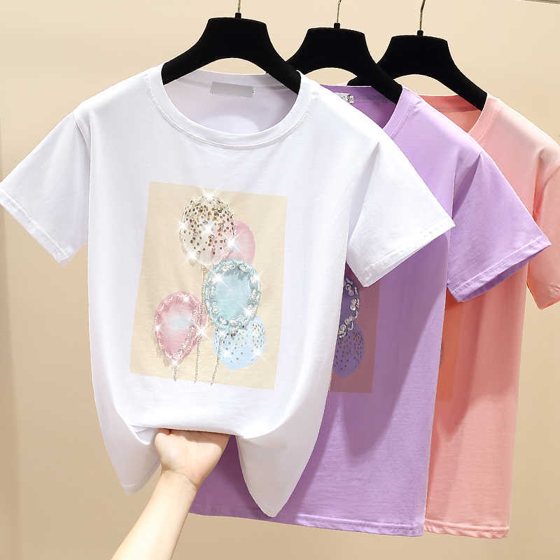 

Pink T Shirt Women Tshirt Female Cotton Summer Tops T-Shirt Woman Korean Style Fashion Clothing Tee Shirt Femme 210604, White