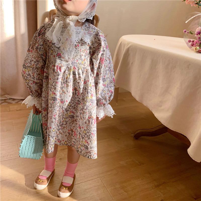

Children Girl Dress Flower Print Long Sleeve Spring Summer Japan Korean Lace Collar Cute Lovely Kids Toddler Clothing Outwear, 101-dress black