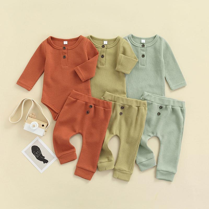 

Clothing Sets 0-18M Born Baby Boy Girl Solid Color Long Sleeve Cotton Bodysuit Tops Pant Trouser 2PCS Autumn Clothes Set, White