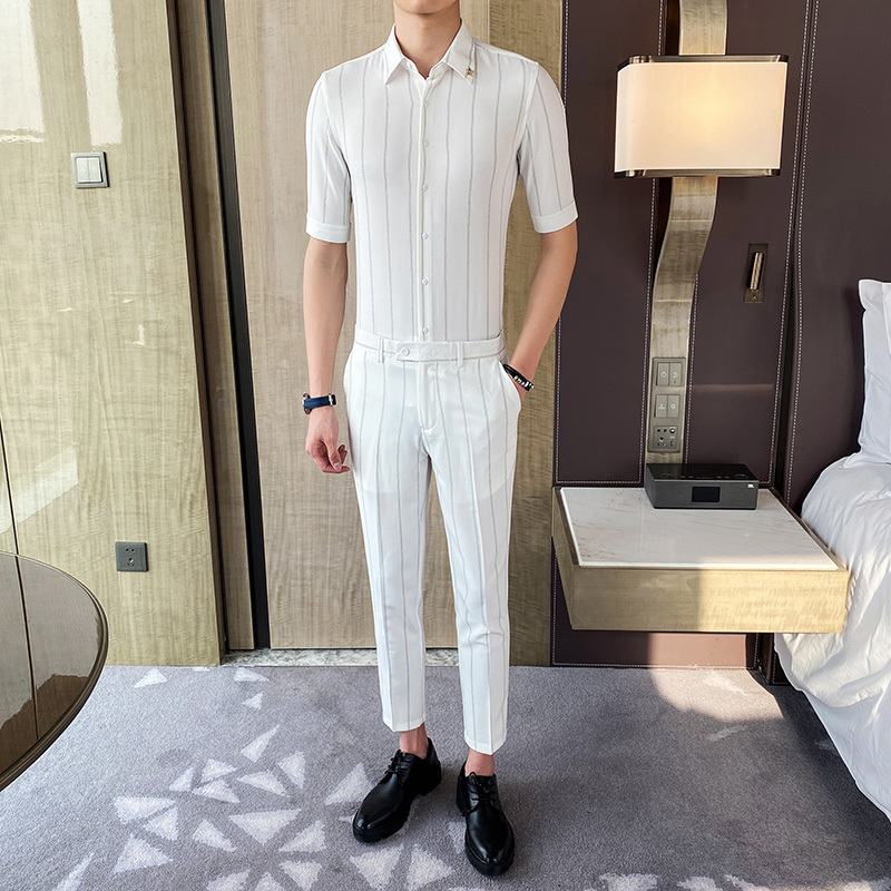 

2021 Mode New Formal Business Summer Sets Wear Half-sleeve Striped Shirts of Casual Men Thin Fitting Men's Suit 3xl-m 3wzw, White