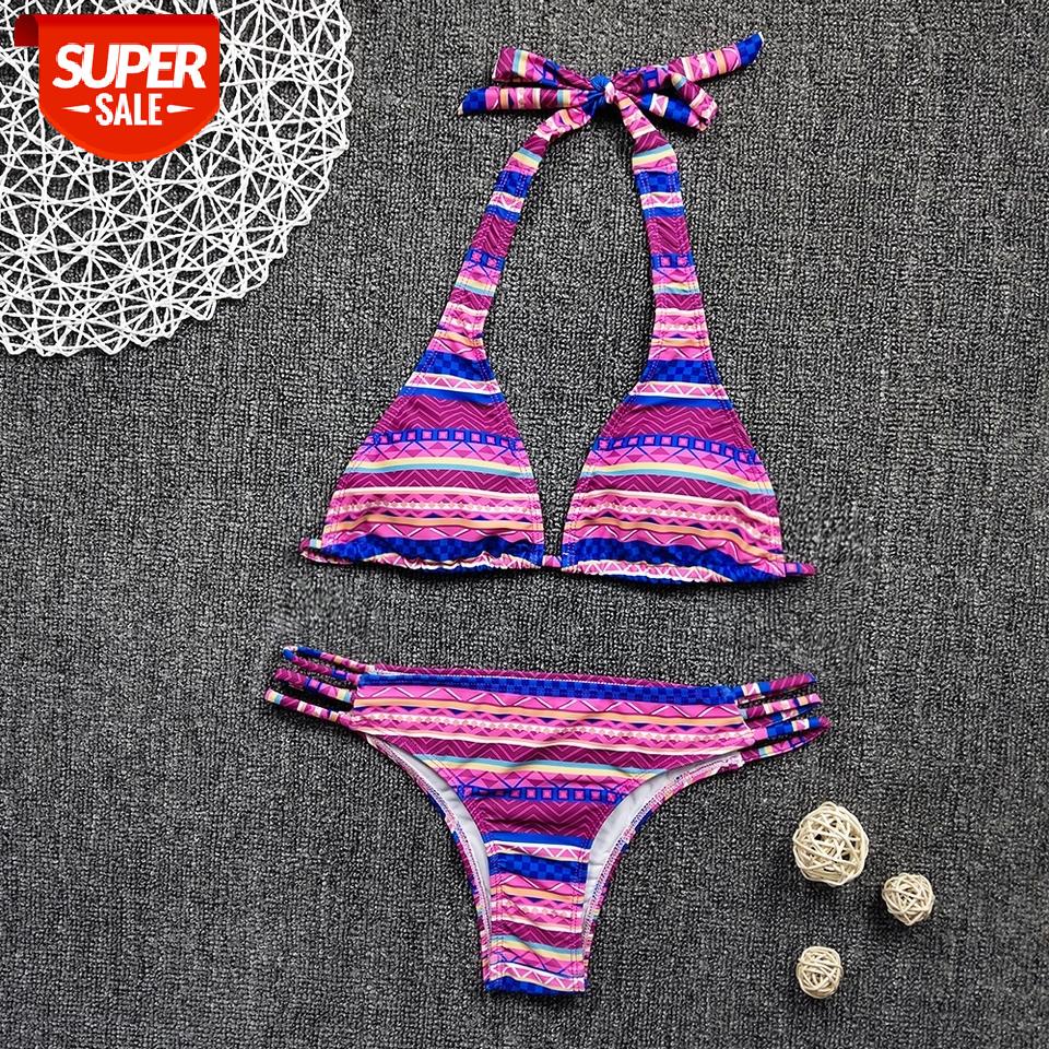 

Women Bikini National Style Swimsuit Halter Bandage Push Up Padded Bra Low Waist Thong 2 Pcs for Beach Pool Party Femme Biquini #Hx6o, White;black