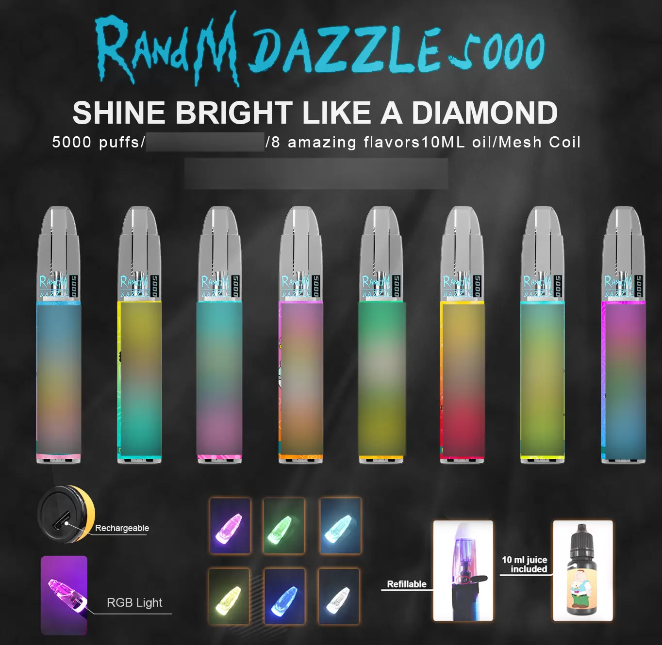 

Original RandM Dazzle 5000 puffs Disposable vape Electronic Cigarettes Glow LGB Light with Rechargeable 12 Colors 1000mAh Battery 10mL Pre-Filled vapors wholesale