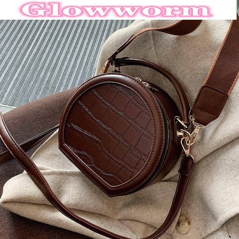 

High quality retro stone pattern PU leather shoulder bag 2021 new fashion women's designer messenger portable small round bag, Black