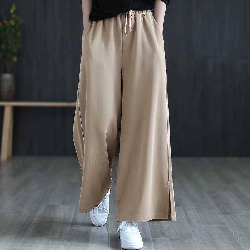 

Arrival Spring Korean Style Women Loose Casual Elastic Waist Ankle-length Pants Split Design Vintga Wide Leg Pants W163 210608, Black