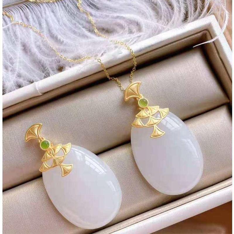 

Silver Natural Hetian White Jade Pendant Necklace Chinese Style Retro Charm Unique Ancient Gold Craft Women's Brand Jewelry Chains