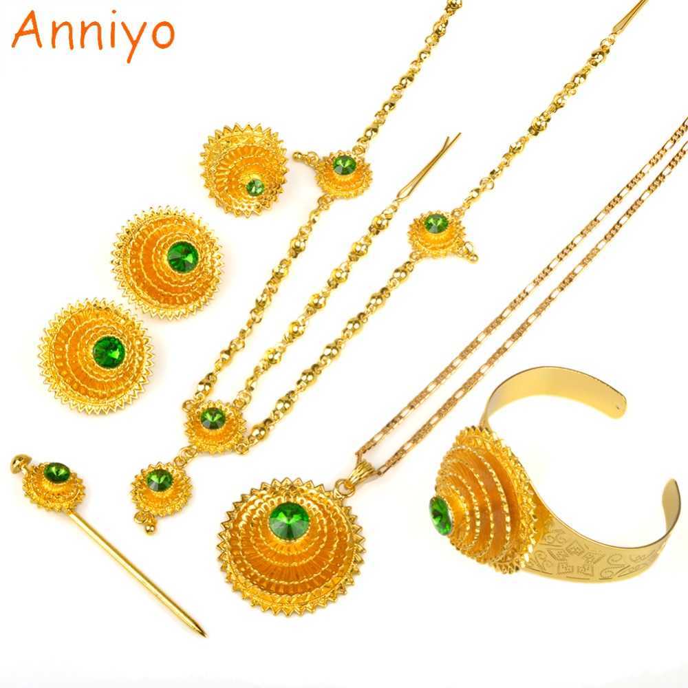

Anniyo Ethiopian Jewelry set Gold Color Green Stone With Hair Piece Hair Pin Women Fashion Eritrea Habesha African #002117 H1022, White