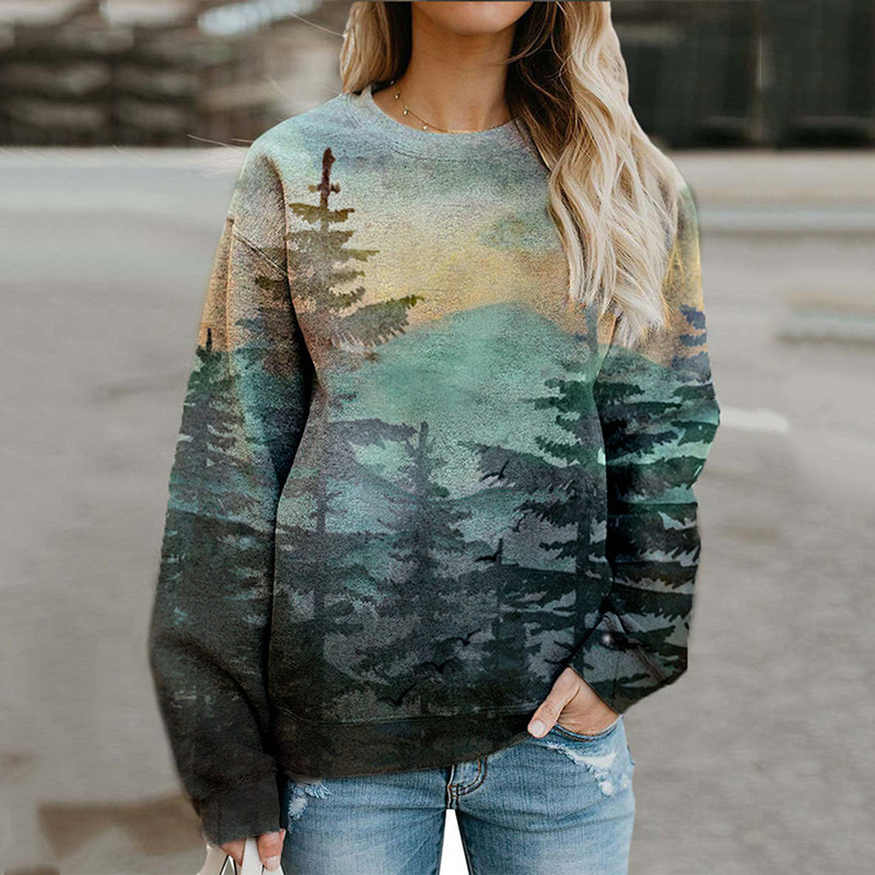 

2021 Real Green Forest Print Oversized Crewneck Sweatshirt Women Vintage Casual Loose Sport Winter Thin Tops New Girls Plus Size Zrmk