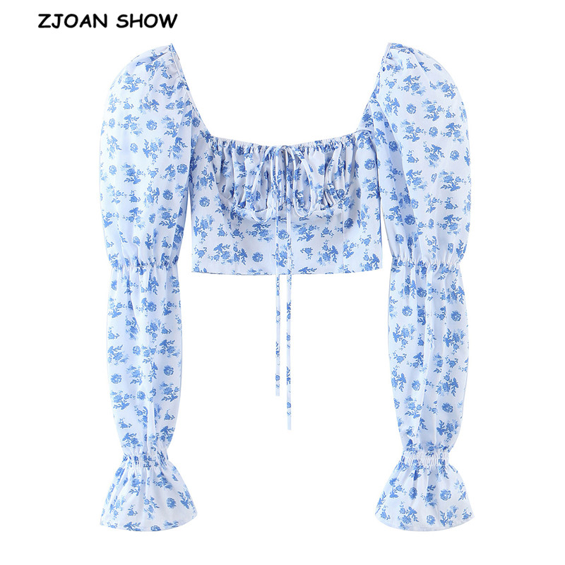 

2021 Vintage Blue White Floral Print Crop Shirt Women Sexy Square Neck Back Zipper Long sleeve Slim Fit Blouse Tops