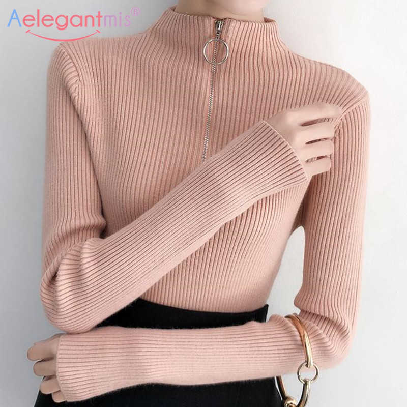 

Aelegantmis 10 Color Zipper Slim Pullover Ribbed White Turtleneck Sweater Women Winter Autumn Knitted Female Korean Jersey Mujer 210607, Black
