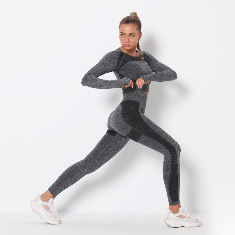 

2 Piece Seamless Yoga Set Women Gym Clothing Fitness GYM Cloth Yoga Long Sleeve Shirts High Waist Running Leggings Workout Pants, Black